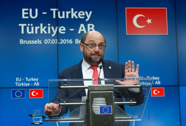 European Parliament President Martin Schulz holds a news conference during a EU-Turkey summit in Brussels