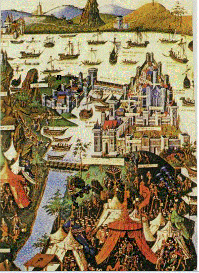 1455 tarihli Jean Mielot'a ait Türk ordusunun İstanbul kuşatmasını gösteren minyatür. Sol tarafta gemilerin karadan yürütüldüğü gözükmekte (Feridun EMECEN, Fetih ve Kıyamet 1453, Timaş, İstanbul 2012)