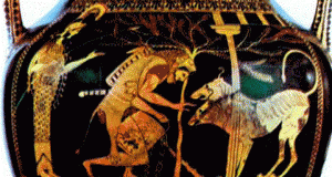 Herakles, Hades'in bekçisi olan üç başlı Kerberos'un zincirlerini çözerken canlandırılmıştır.