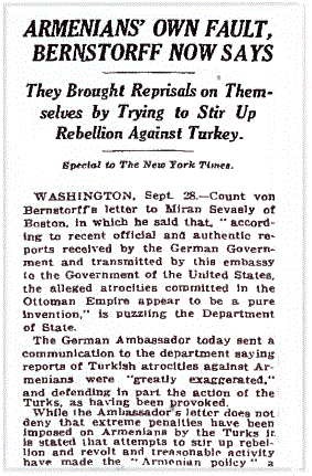 New York Times'ta "Ermenilerin kendi suçu" başlığıyla yayınlanan, Ermenilerin Tiirklere karşı isyan ederek Türklerin karşılık vermelerine sebep olduklarını anlatan haber, 29 Eylül 1915