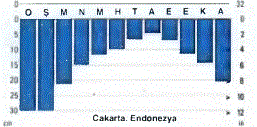 7 7 Asya kenti için düzenlenmiş bu iklim çizelgesinde kıtanın farklı iklim bölgeleri gösterilmiştir. Kırmızı dikdörtgenler aylık sıcaklık ortalamalarının, mavilerse yağışların dağılımını belirtmektedir. Ulan Batur'da (Moğolistan) bozkır iklimi egemendir; Tomsk (Rusya Federasyonu), Sibirya'da bir ırmak limanıdır ve askutup iklimi etkisindedir: Ho Chi Minh-Ville'de (eski Saygon, Vietnam), tropikal yağışlı-kurak iklim, Cakarta'da (Endonezya), tropikal yağışlı iklim egemendir; Lübnan'ın başkenti Beyrut'ta, Akdeniz iklimi’ Suudi Arabistan'ın başkenti Riyad'da çöl iklimi görülür; Şanghay'da (Çin), astropikal nemli iklim, Hokkaido adasındaki Sapporo'da (Japonya), yağışlı kara iklimi egemendir. Koçin (Hindistan), muson, iklim kuşağı içinde yer alır; Tibet'teki Lhasa'da (Çin), dağ iklimi görünür. Rusya'daki Verhoyansk, kutup bölgeleri dışındaki en soğuk yerlerden biridir ve kentte bir tundra iklimi egemendir. 