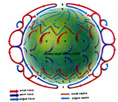 Sıcak hava ekvatorda yükselip, yüksek düzeyde kutuplara doğru hareket ederken, soğuk kutup havası ekvatora doğru yönelerek, alçak düzeyde onun boşalttığı yeri alır. Herhangi bir alanda rüzgârlar yüksek basınç hücrelerinden (H), alçak basınç hücrelerine (L) hava hareketiyle oluşur. Farklı enlemlerdeki rüzgâr doğrultuları yalnızca basınç farkına değil, Yer'in kendi ekseni çevresinde dönmesi sonucu oluşan çekime (Coriolis etkisi) de bağlıdır.