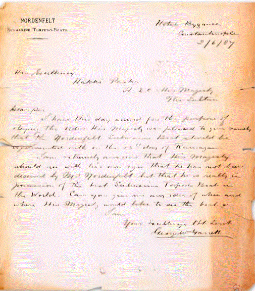 Nordenfelt firmasının padişahı aldatmadığına dair Garret'in mektubunun İngilizce metni