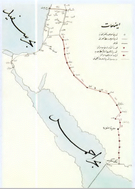 Hicaz bölgesinde hac yolunu ve telgraf hattını gösteren bir harita (BOA.HRT, 475
