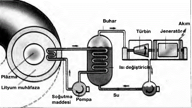 Fü zyo n d a n Enerji Elde Edilmesi: Plâzm adan çıkan hızlı nötronlar bir lityum m uhâfaza içinde frenlenir. Frenleme enerjisi ısıya dönüşerek lityum m uhafazayı ısıtır. Bir soğutma sistemi üzerinden bu ısı sevke- dilir. Bu sûretle su buharı elde edilir. Su buharı buhar türbinini o da jeneratörü çalıştırarak elektrik akımı, yâni elektrik enerjisi elde edilir