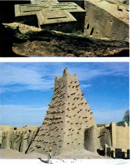 Hristiyanlık da İslâm dini de Afrika'nın pek çok yerinde çok eski tarihlerde benimsenmiştir. Etyopya'da Lalibela'daki Shint George yeraltı kilisesi (üstte), XIII. yy'da sert kayaların içi oyularak yapılmıştır. Mali'de Timbuktu'daki Sankore camisi (altta) XIV. yy'dan kalmadır.