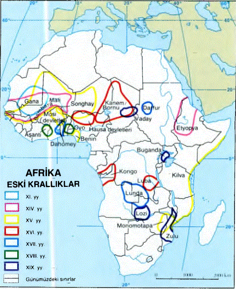 Haritadaki renkli çizgiler; başlıca Afrika krallıklarının en geniş sınırlarına ulaştıkları yüzyılları göstermektedir